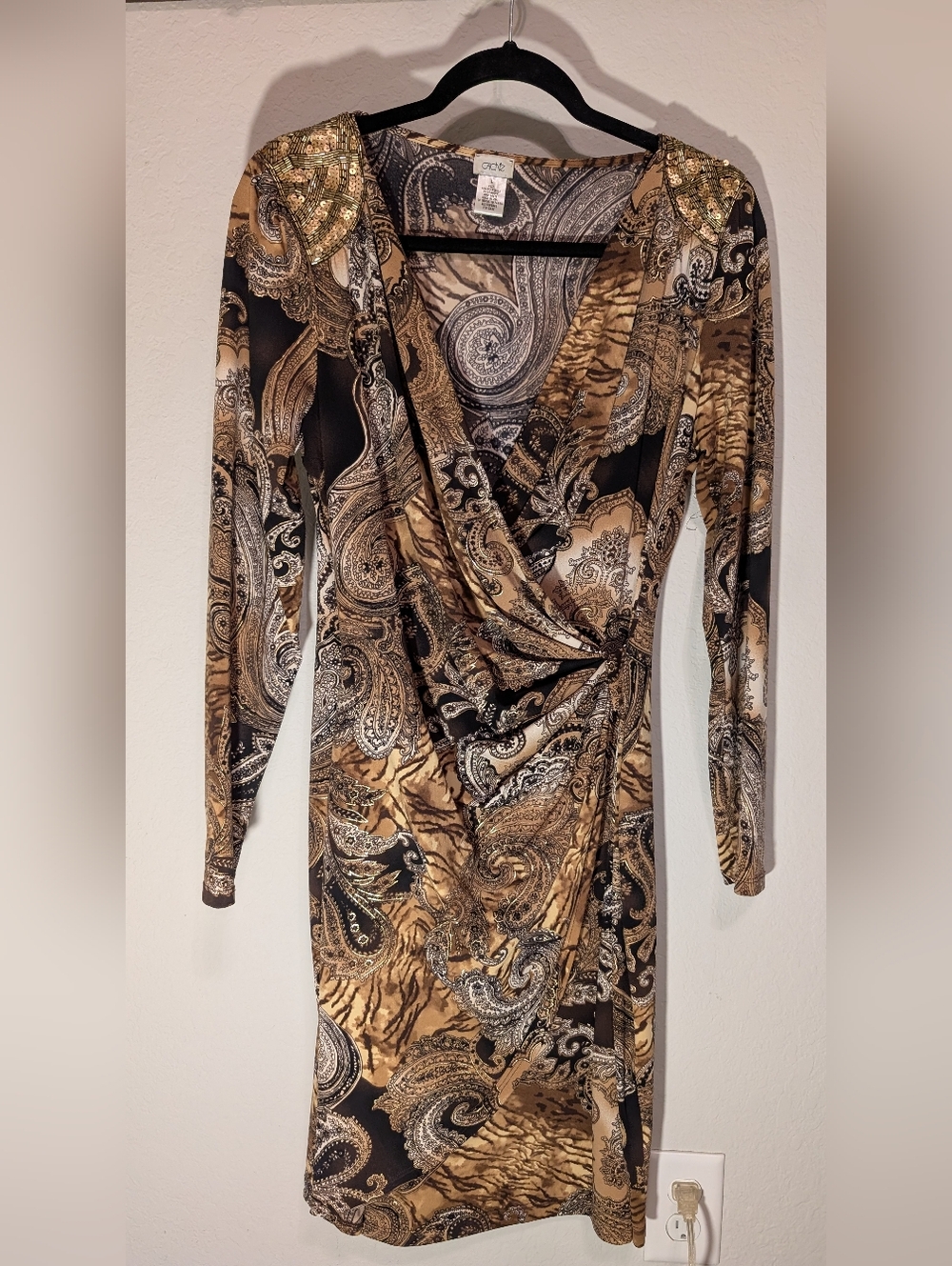 CACHE Gold Paisley Wrap-Style Long-Sleeve Dress - Picture 2 of 3
